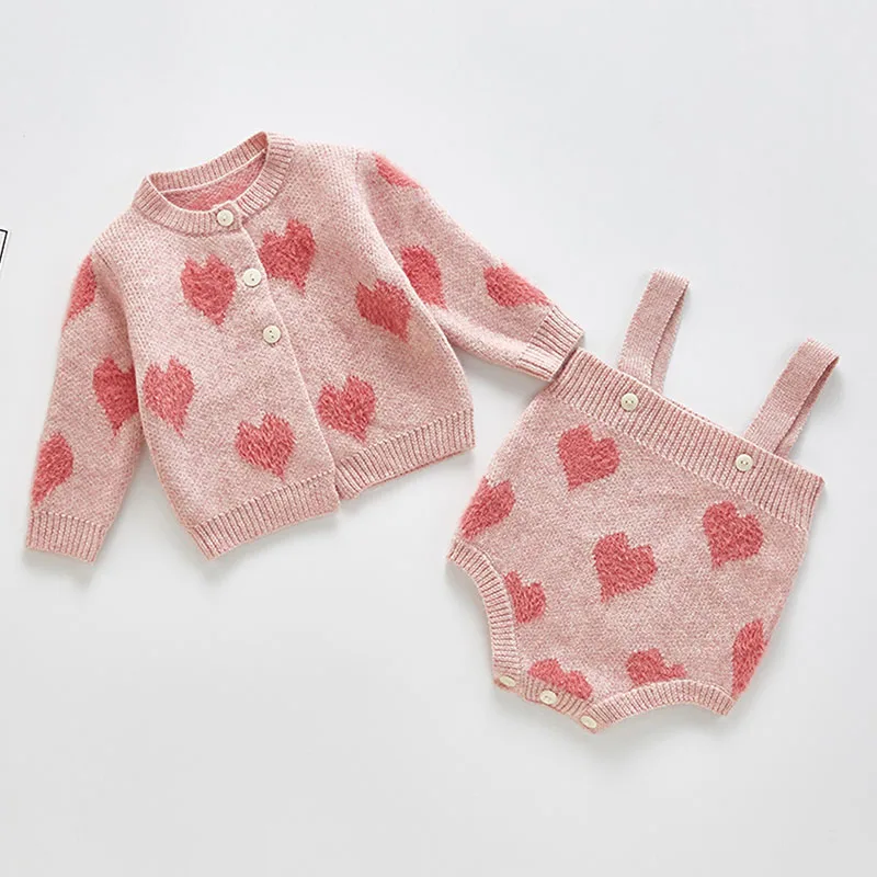 2024 New Baby Girls Suit Toddler Baby Knitted Cardigan+Rompers Girls Spring Autumn Soft Valentine\'s Day Clothing 0-3Yrs