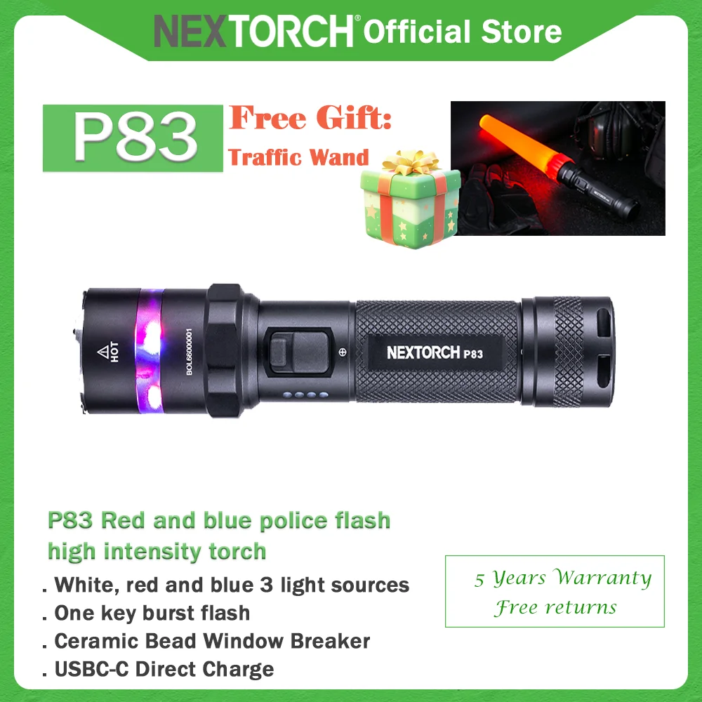 

Nextorch P83 1300 lumen LED flashlight red blue flash outdoor high brightness small security patrol duty torch USBC rechargeable