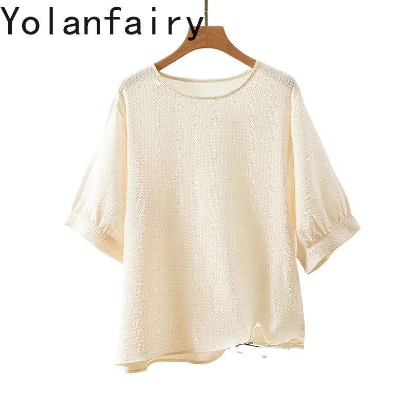 

YOLANFAIRY 100%Genuine Mulberry Silk T Shirts Woman Jacquard Short Sleeve Summer Top Women's Loose Blouse Elegant T Shirt Femmes