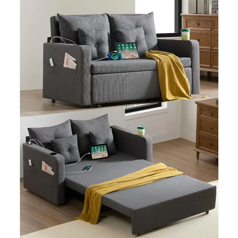 3 in 1 Pull Out Couch, 56 Inch Convertible Sleeper Sofa Bed, Loveseat Sofa with Cup Holders, Storage Pockets, USB