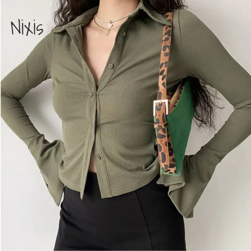 Flare Long Sleeve Shirt Top for Women Vintage Lapel Bell Sleeve Slim Casual Cardigan Blouse Spring Autumn Fashion Female Clothes