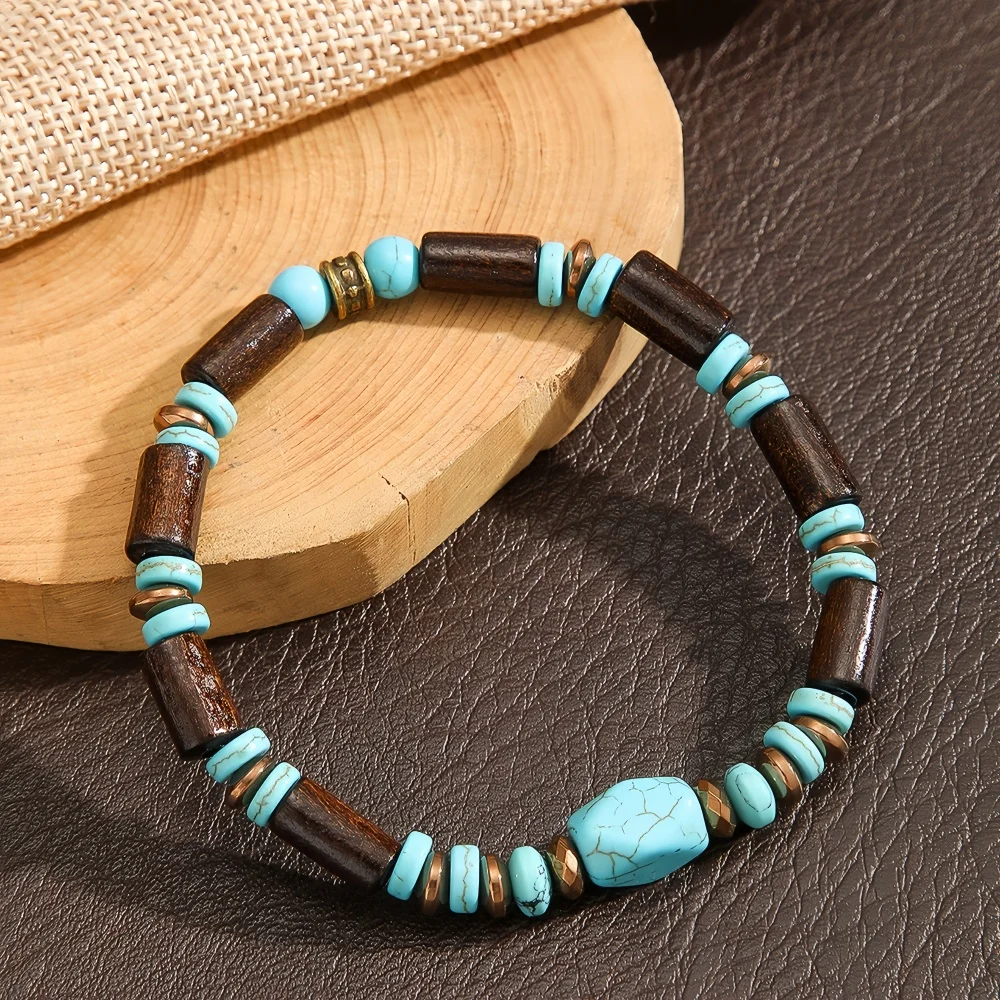 Böhmische Schwarze Gallenstein-Holzperlen-Armband, INS Grüne Imitation Naturstein Herrenarmband, Retro-Schmuck, Trendige Accessoires – Detail 4