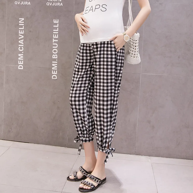 Pregnant Woman Pregnancy Pant High Waist Thin Loose Fashion Plaid Belly Trousers Floor-length Maternity Wide Legs Pants Summer