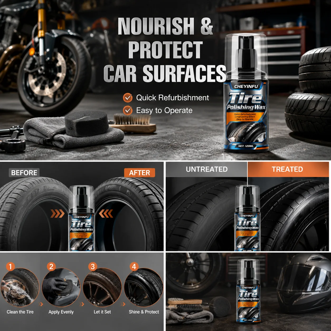 CHEYINFU Tire Shine Polish Wax Anti-Fading Coating Dressing Cream for Auto Rubber & Plastic 120ml