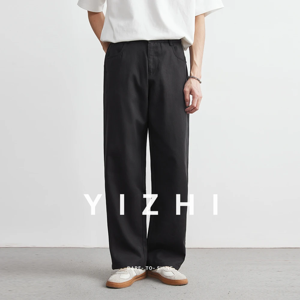 Men's American Retro Washed Casual Pants Autumn New Japanese Loose Straight Trousers Button Design Solid Color Men Casual Pant - Image 4