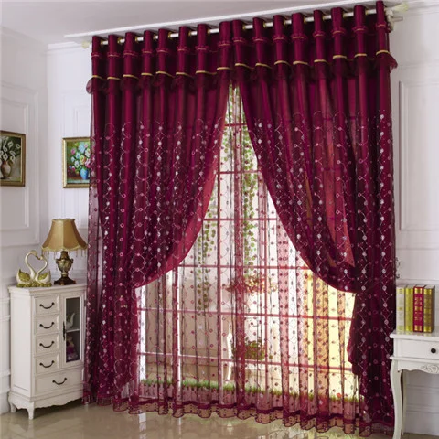 Burgundy Double Layer Curtain with Golden Trim, Embroidered Tulle Plus Cloth for Luxe Home Decor Living Room Bedroom