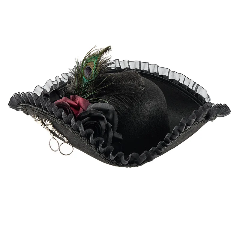 Halloween Female Pirate Cosplay Prop Retro Lace Peacock Feather Triangle Pirate Hat Gothic Dark Skeleton Performance