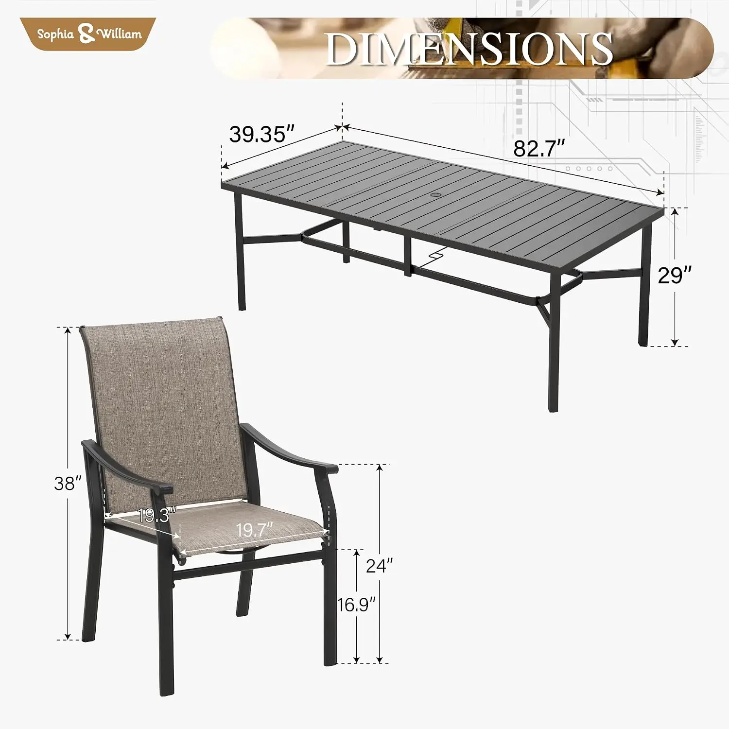Outdoor Dining Set for 8 w/Metal Table & Textilene Chairs