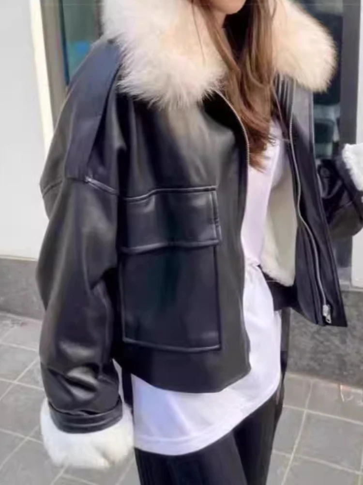 Women Tops Autumn/Winter New Velvet Thickened Leather Jacket Women Clothing Short Detachable Rabbit Fur Collar Warm Black Coats
