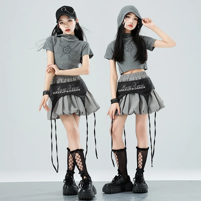 

Kpop Girls Jazz Dance Suit Costumes Short Sleeve Hooded Top Skirt Teams Dance Clothes Street Dance Hip Hop Show Wear DQL10726