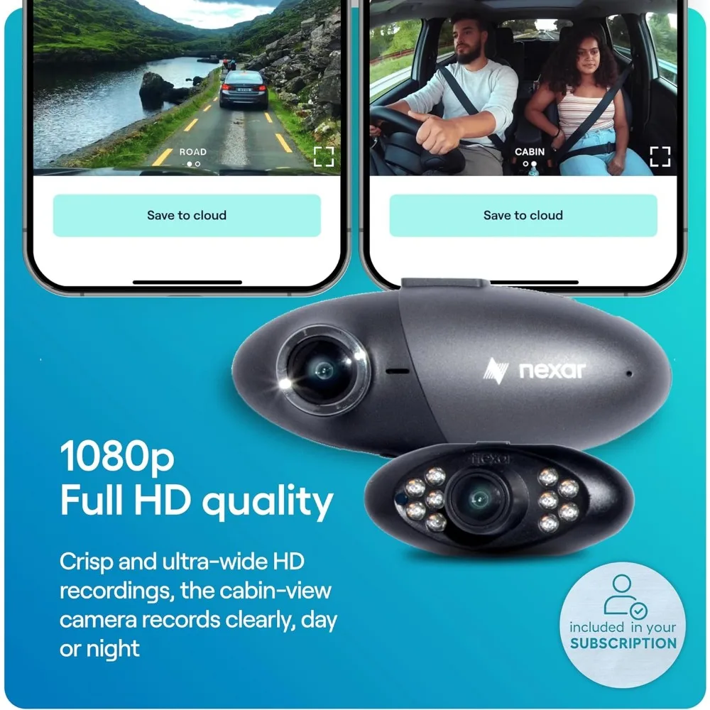 Pro Dual Dash Cam, 1 Ano Nexar App, Assinatura Incluída, Armazenamento em Nuvem Ilimitado, Gravações Drive, Modo Estacionamento, Noite