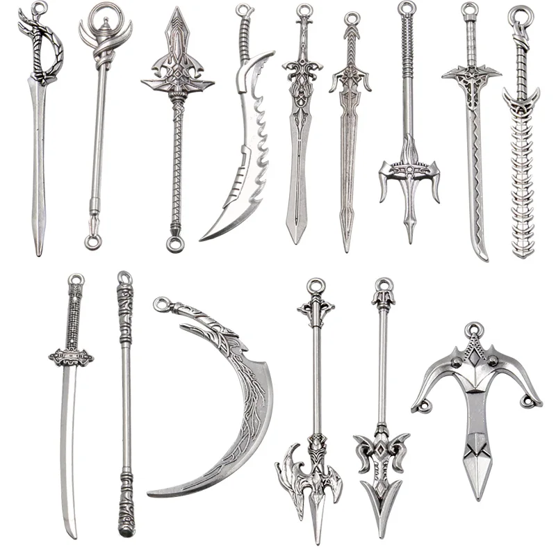 10PCS 15 Styles Mixed Alloy Antique Knight Sword Knife Gun Bow Charms For Jewelry Making DIY Handmade Weapons Pendant