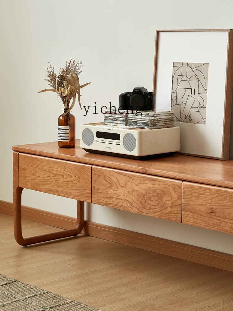 ZC Solid Wood TV Cabinet Coffee Table Combination Modern Minimalist Log Living Room Cherrywood Locker