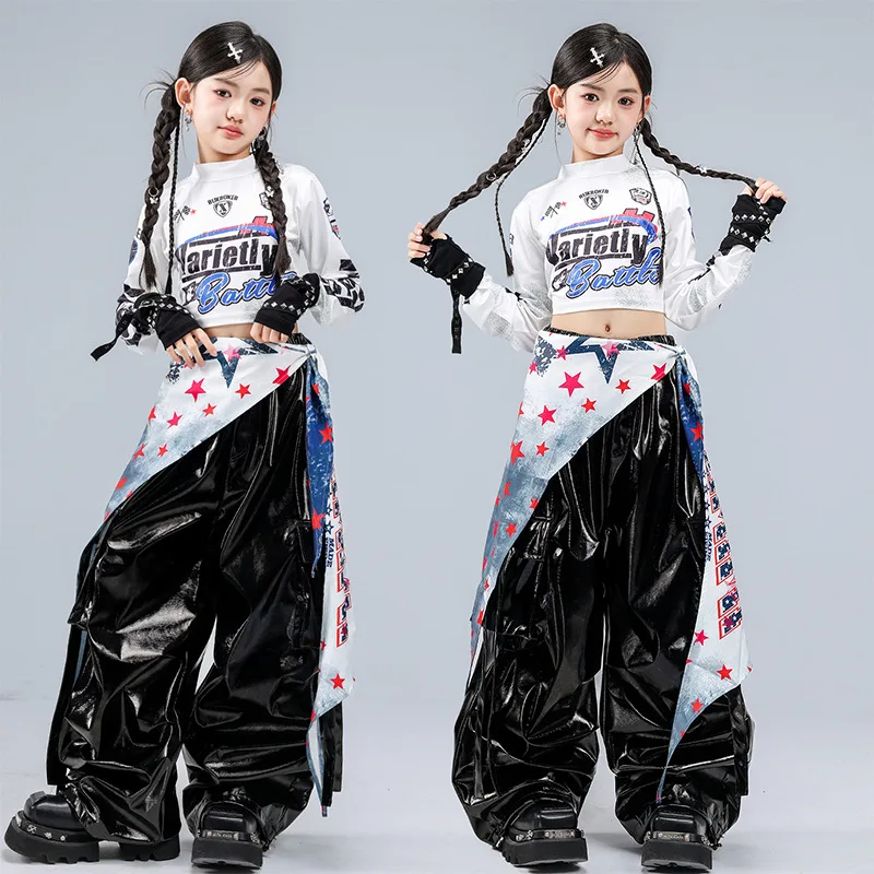 

Kid Kpop Hip Hop Clothing White Print Long Sleeve Crop T Shirt Top Black Faux Leather Cargo Pants for Girl Dance Costume Clothes