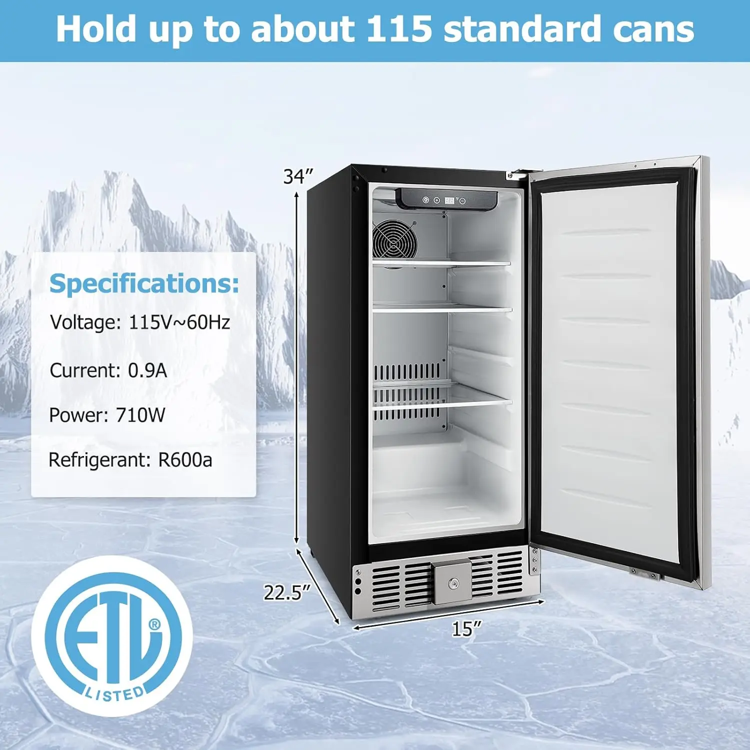 115 Cans Beverage Refrigerator, 2.9 Cu.ft with Adjustable Shelves & Stainless Steel Door, 32℉-50℉, Built-in or Freestanding