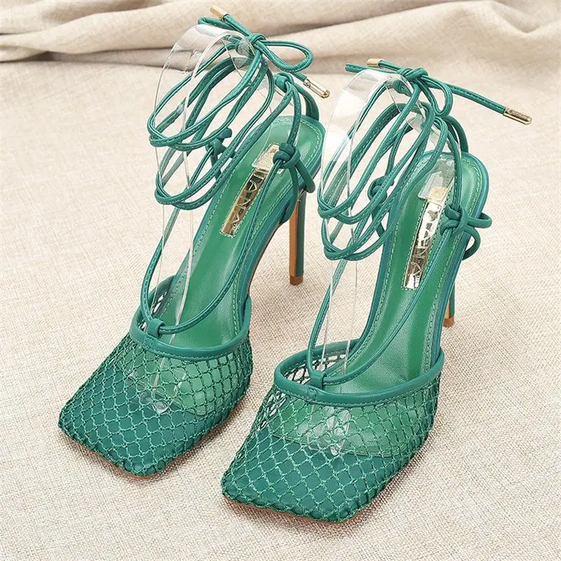 Mesh Knot Sexy Green Oversized Ultra-High Slender Heel Cross Thin Strap Strap Wrapped Sandals For Women