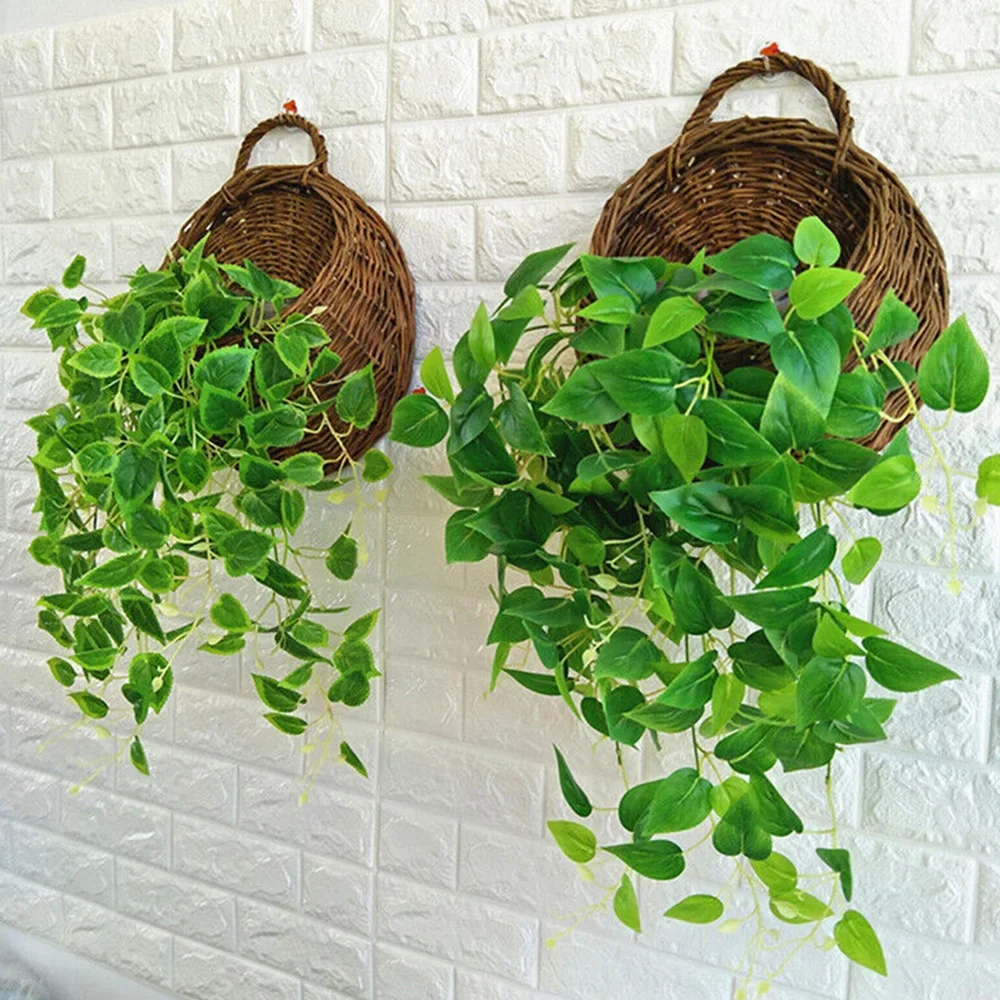 Wall Mount Rattan Basket Handmade Wicker Flower Pot Hanging Woven Vase Baskets Garden Vine Pot Plants Holder Home Decor