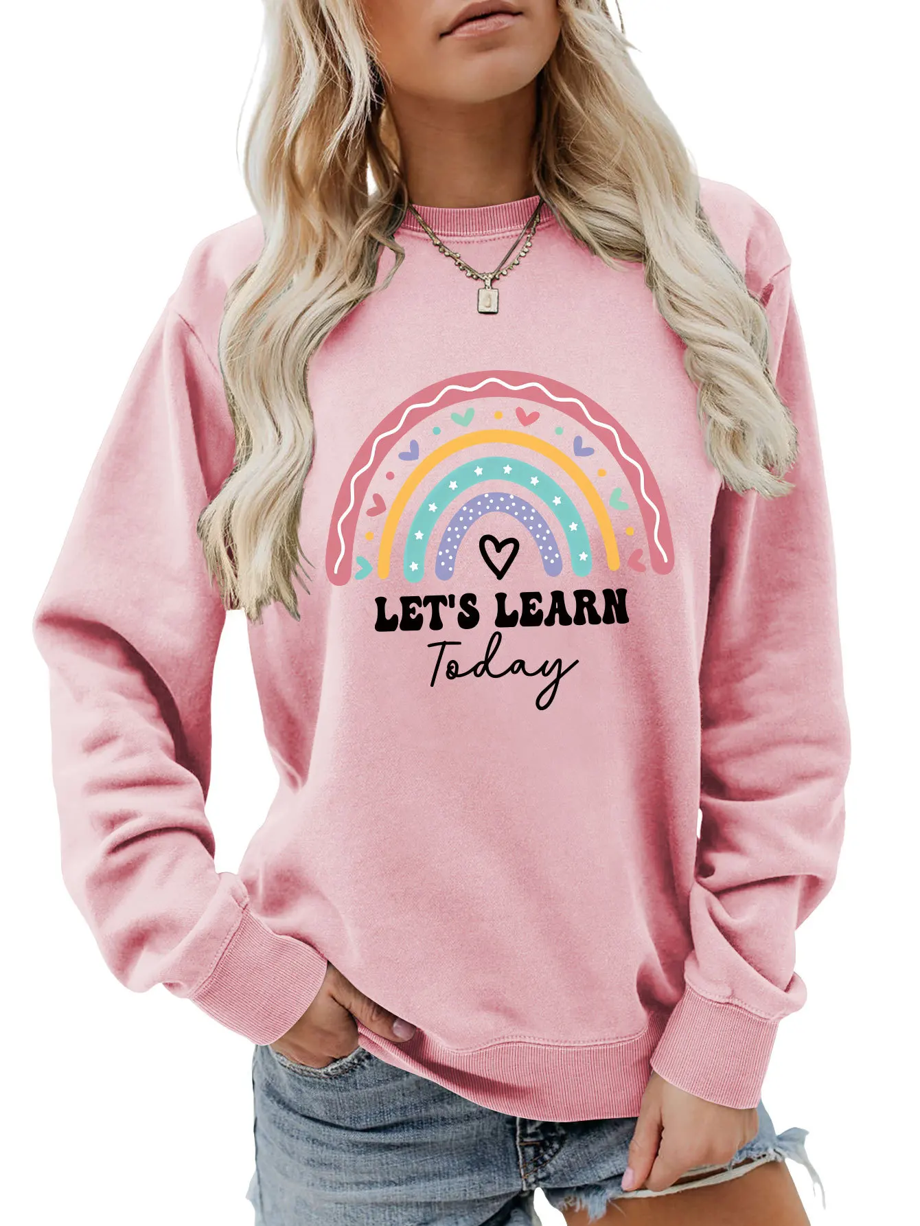Autumn new crew-neck casual T-shirt hoodie rainbow let's learn today printed ladies loose long-sleeved top with all fashion pull