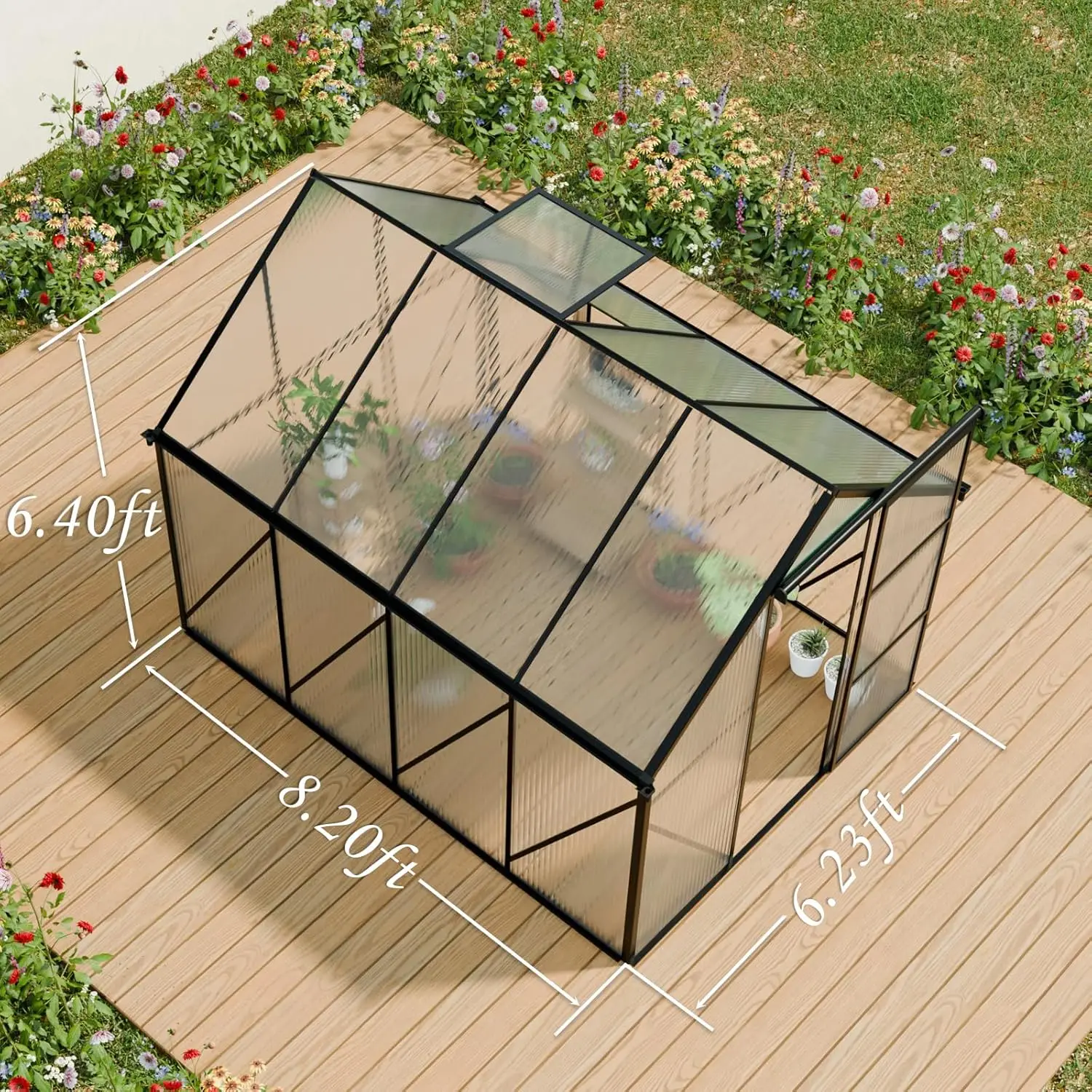 6' x 8' x 6.4' Polycarbonate Greenhouse, Walk-in Green House with Swing Doors, Galvanized Base and Adjustable Roof, Custom