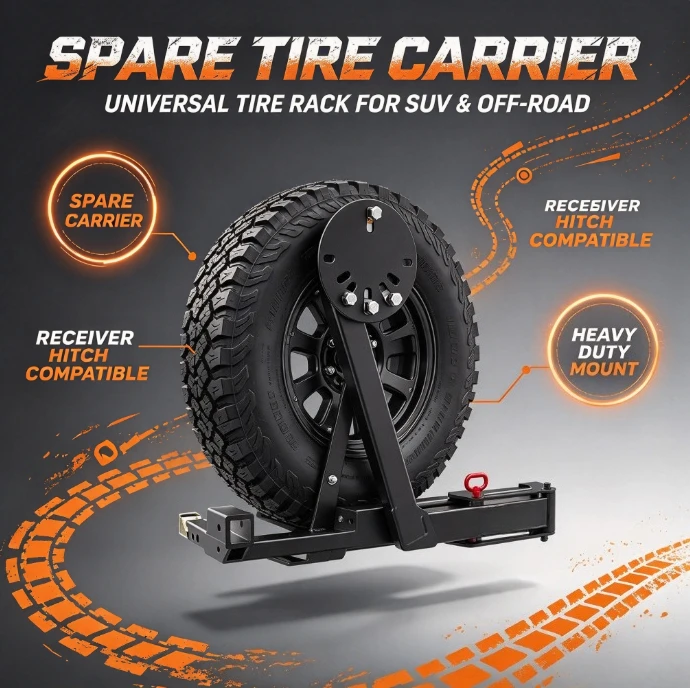 SUV Spare Tire Carrier Off-Road Vehicle Hitch Mount Rack Universal Square Tube Receiver Heavy Duty Rear Bumper Holder Accessory
