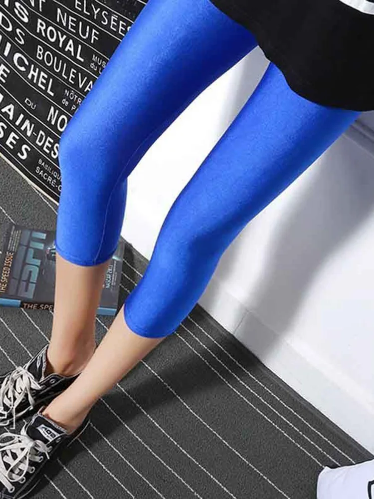 Cuhakci doce neon leggings sexy sólido elastano feminino capris esticado brilhante jeggings dança calça curta ginásio de fitness 2022 novo