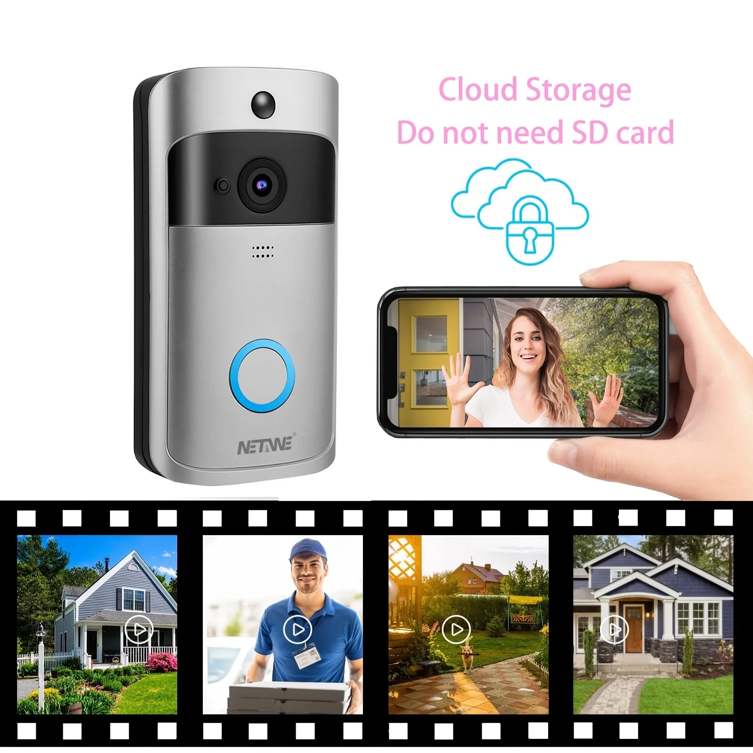 HD Wireless Battery Powered Video Doorbell Camera with Motion Detection, Night Vision, 2-Way Talk, Cloud Storage - Smart Home Se