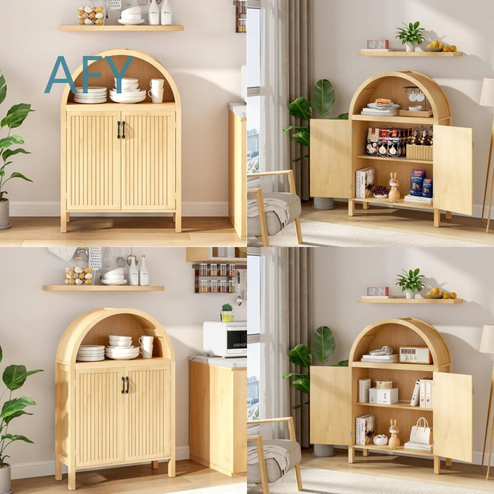 Wooden Farmhouse Kitchen Cabinet with Arched Design Double Door Food Storage for Modern Home for Small Space for DIY