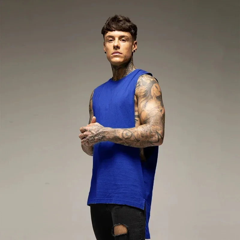 Plain Mens Fitness Sport Clothing Gym Bodybuilding Muscle Tank Tops Cotton Hip-Hop Singlets Extend Cut Off Sleeveless T-shirts