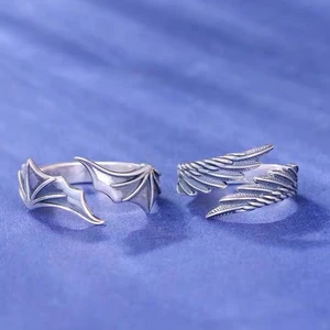 Angel Wings Retro Open Ring Set Para Amantes Mulheres Homens Design Ancient Silver Devil Wings Casal Anel Festa Jóias 10 principais vendas anel asas anjo - №5