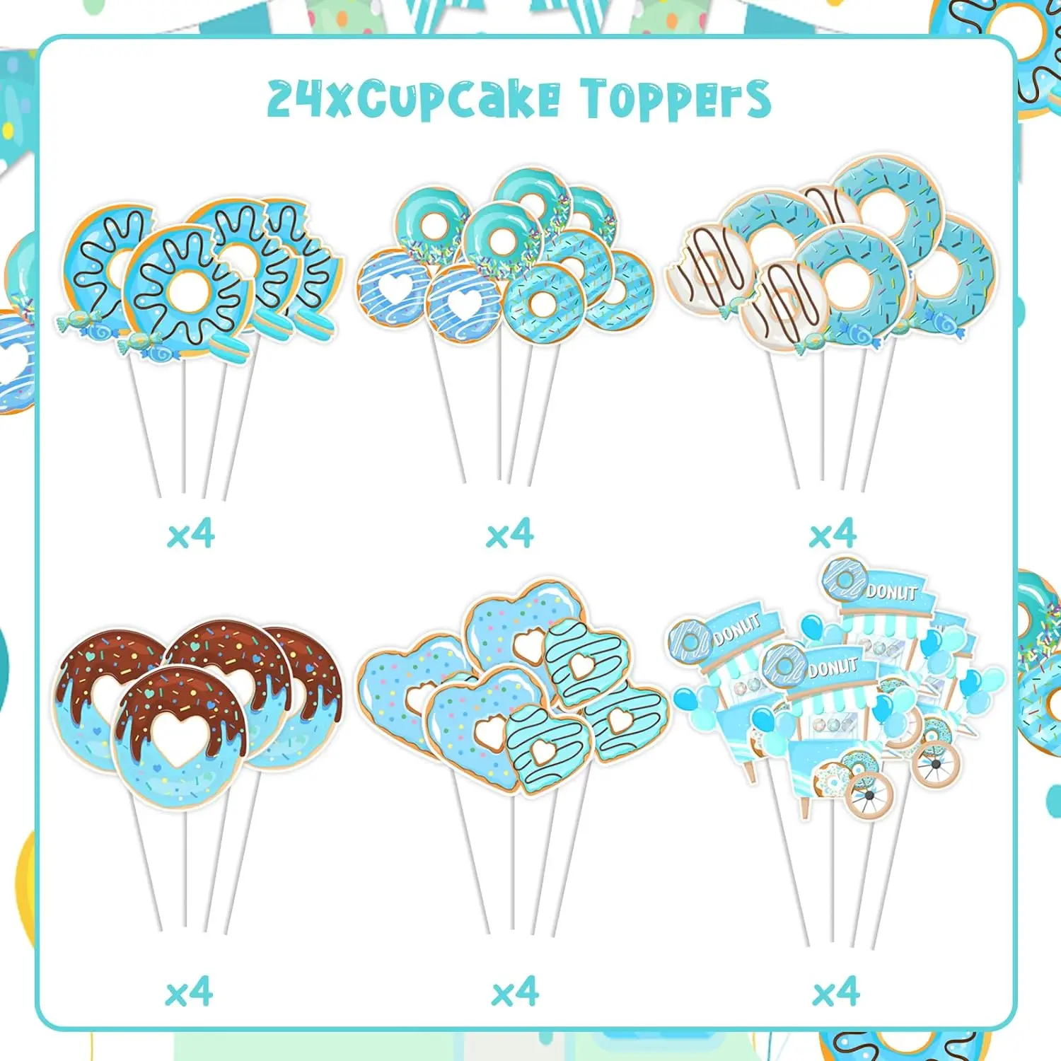 24PCS Donut Cupcake Toppers Baby Shower Birthday Party Decor Doughnut Sprinkle Grow up Sweet One Two Sweet Themed Cake Decor