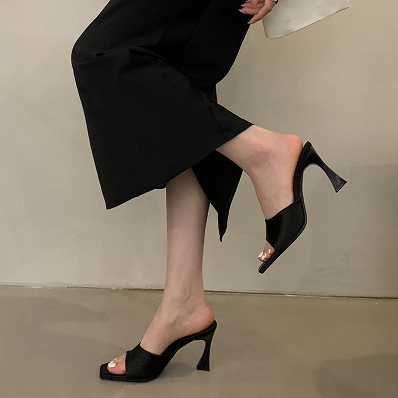 

New Trend Sexy Summer Slipper Woman Fashion Square Toe Slip On Slides Sandals Thin High Heels Party Dress Ladies Elegant Mules