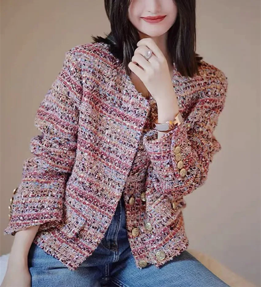High Quality Design Women Pink Tweed Jacket Coat Small Fragrant Autumn O Neck Double-Breasted Color Woolen Weave Short Outerwer image 6