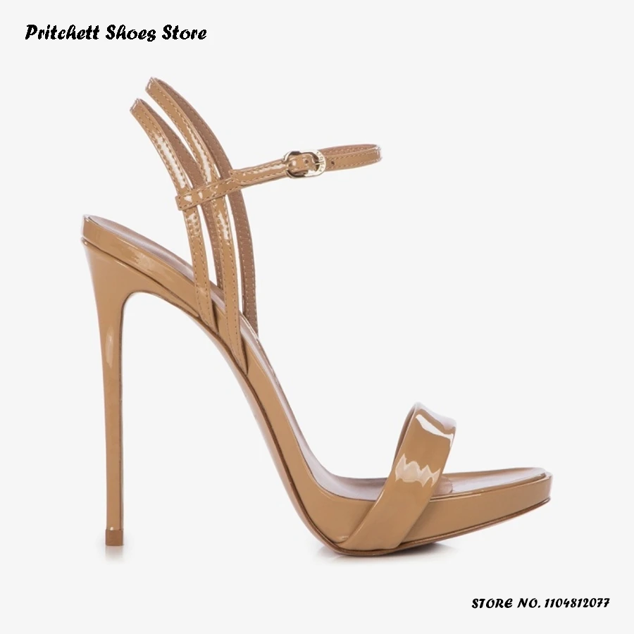 Women's Ankle Strap Platform Sandals Patent Leather Round Open Toe Thin Heels Shoes Summer Daily Outfits Buckle Strap Stilettos