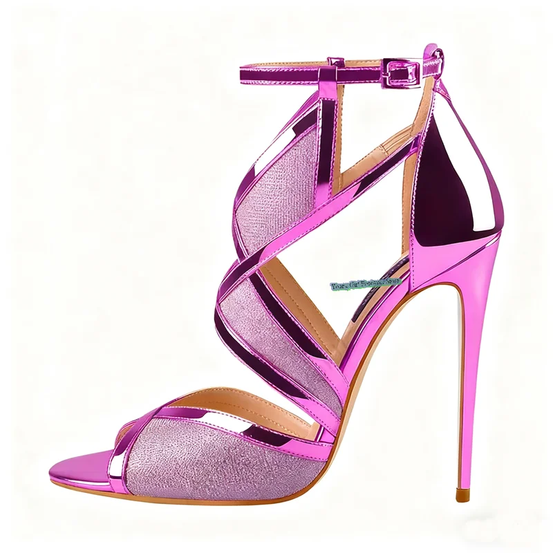 Sandały damskie luksusowe z ażurowym wzorem, szpilką, odkrytymi palcami, z paskiem na pięcie i klamrą, model 2025.