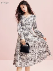 ARTKA 2023 Spring New Women Dress Elegant French V-Neck High Waist Dresses Long Sleeve Chiffon Print Long Dress Female LA92133C