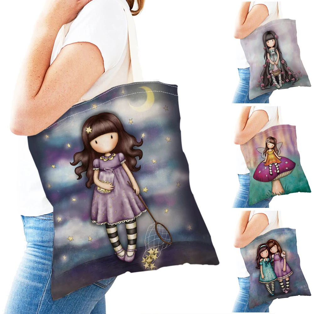 

Casual Fairy Tale World Lovely Child Shopping Bags Cute Cartoon Girl Double Print Reusable Eco Canvas Shopper Bag Handbag Tote