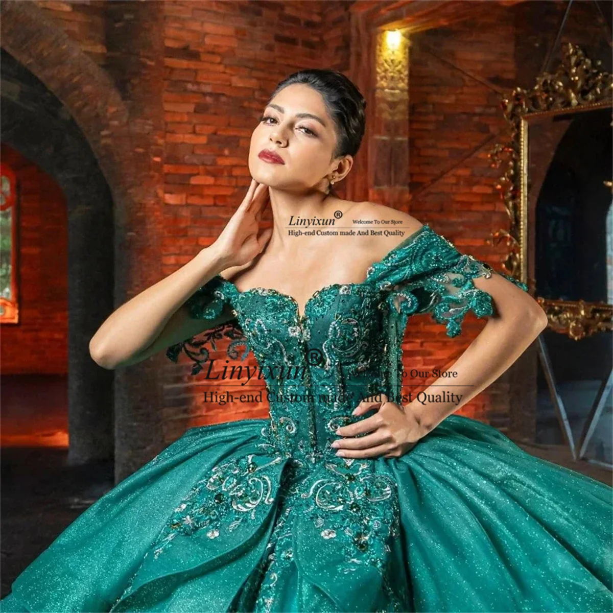 

Кружевное бальное платье с зелеными аппликациями, платья Quinceanera, блестки с открытыми плечами, милое платье принцессы на день рождения 16, мексиканские платья De 15 лет