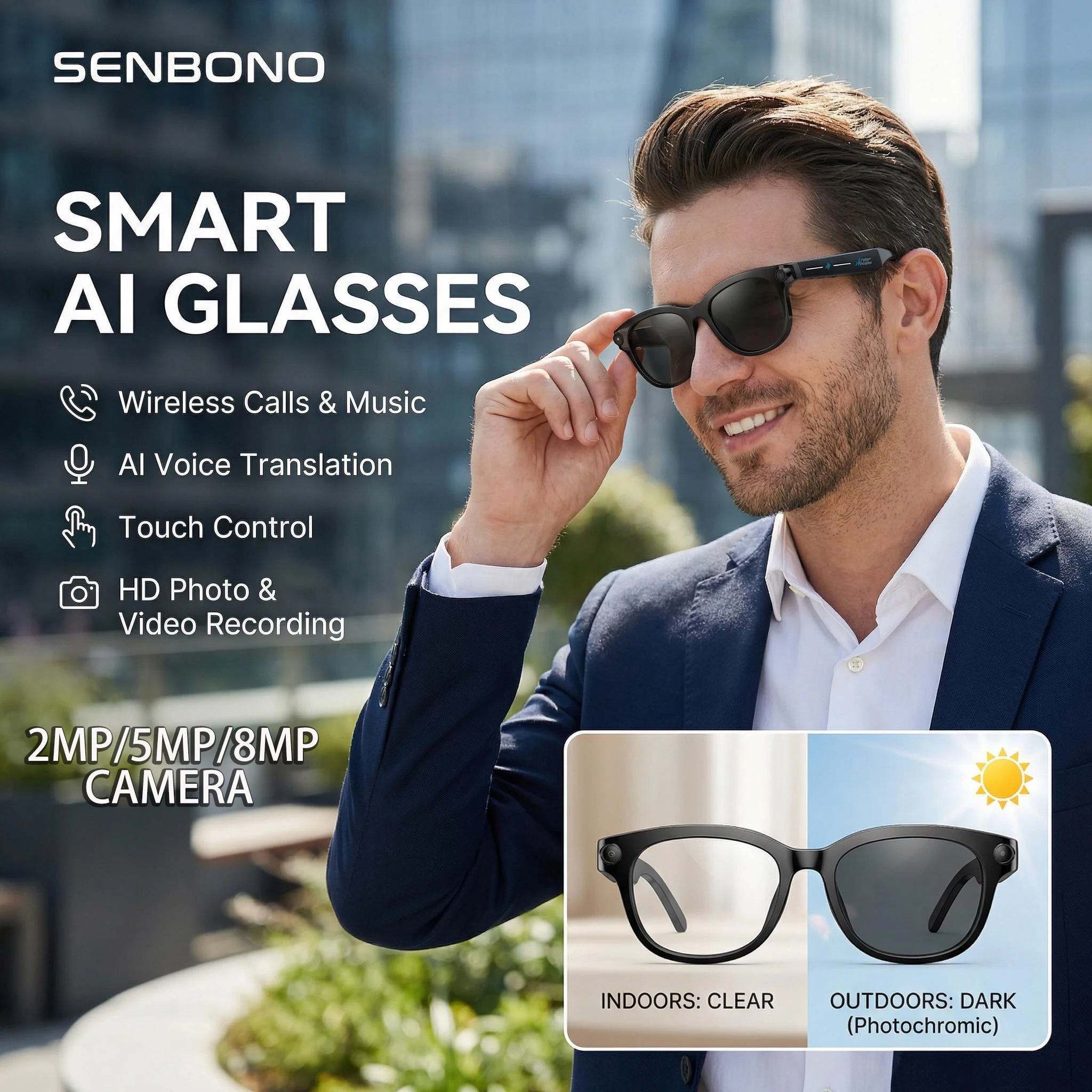 

SENBONO AI Smart Glasses with Camera Take Photo 2MP/5MP/8MP 1080P 4K Videos Smart AI Glasses AI Voice AI Photo Recognition AI Translation Wireless Calling Music Control Sunglasses for Men Women