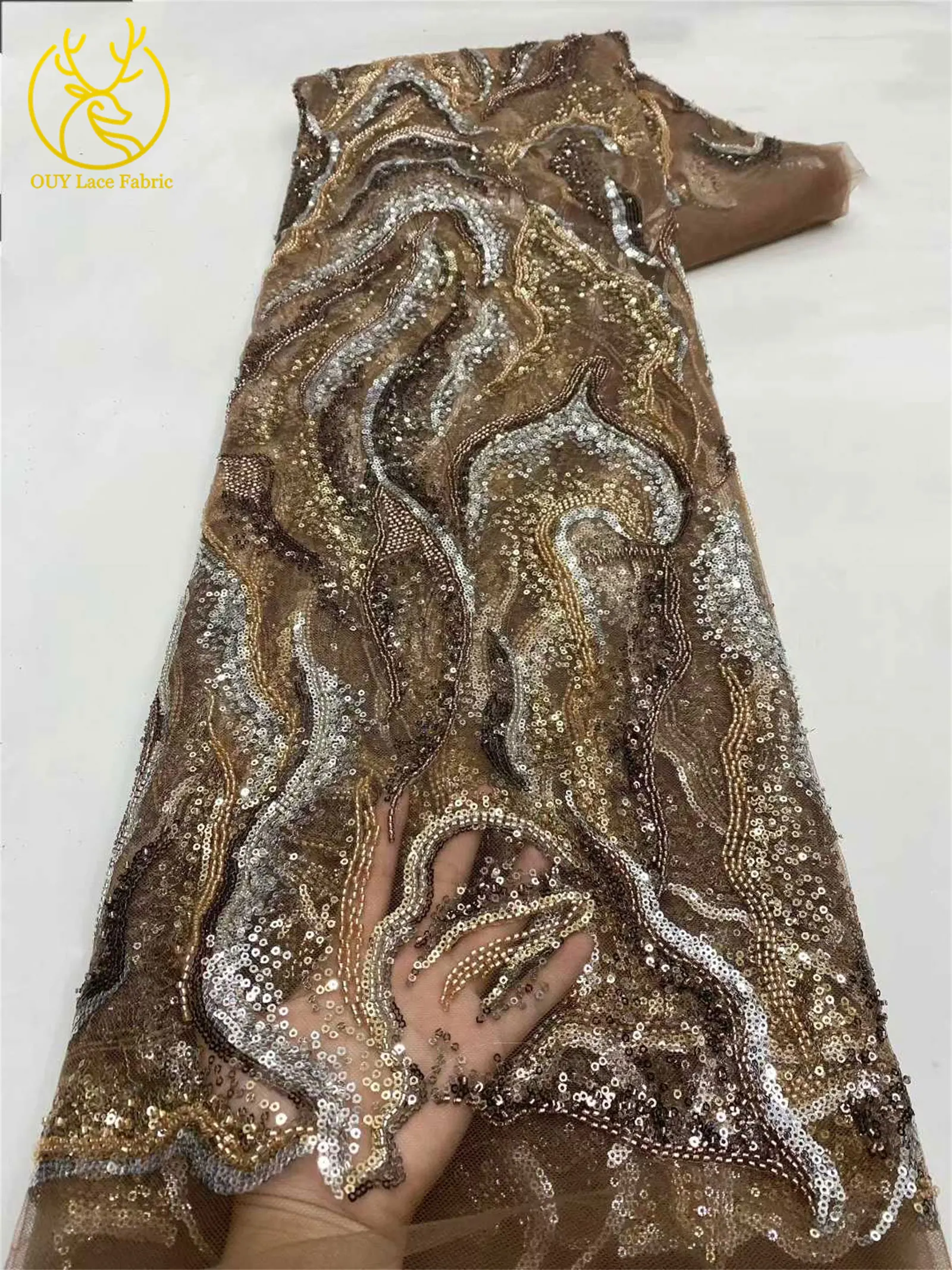 Luxuriöser nigerianischer Brautkleid-Stickerei-Perlen-Spitzenstoff 2026 – Hochwertiger afrikanischer Tüll mit Pailletten für Damen-Abendkleider zum Nähen – Detail 13
