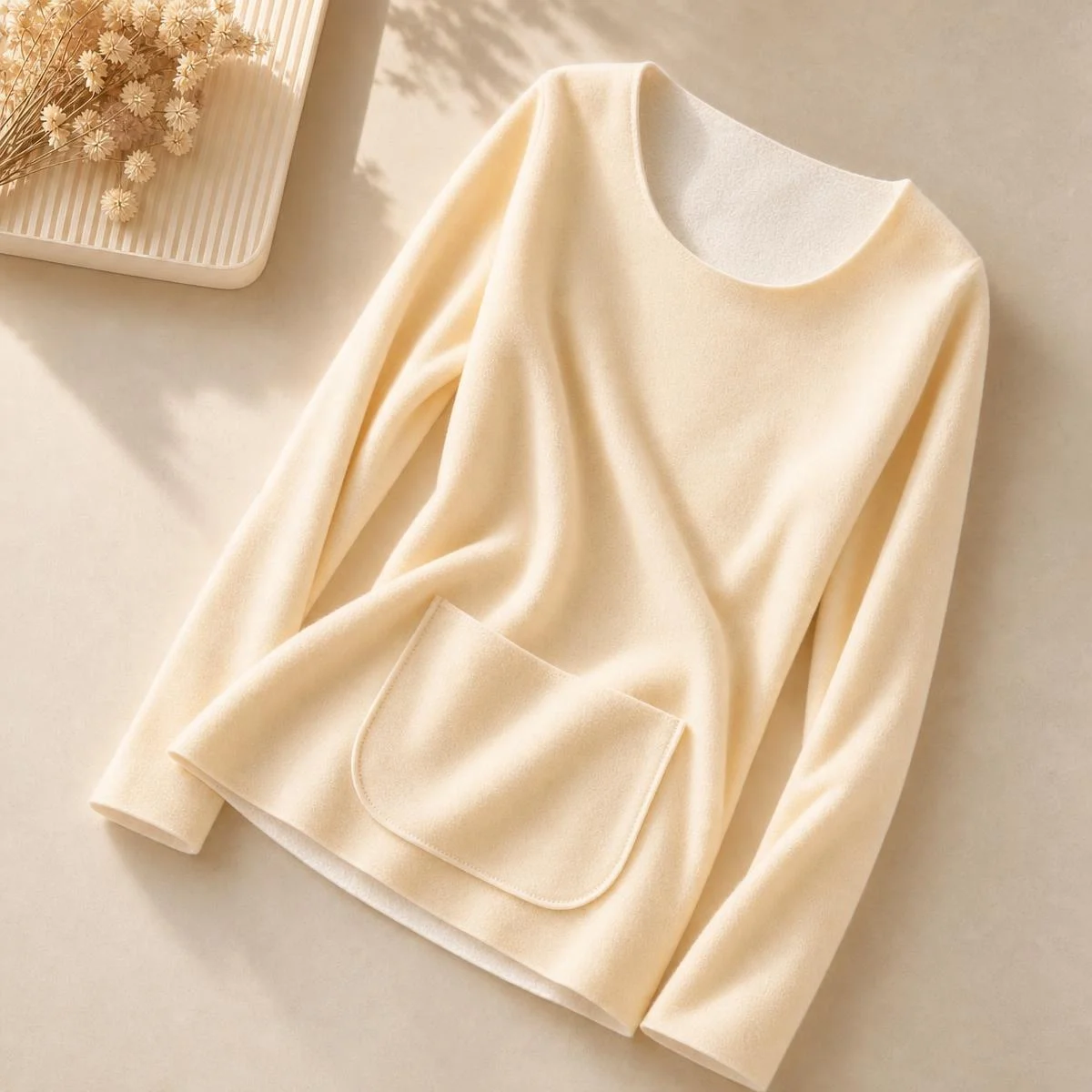 Thickened Fleece Warmth Women's Thermal Underwear Top Long Sleeve Dervo Double Pocket plus Size Hidden Stitch T-Shirt