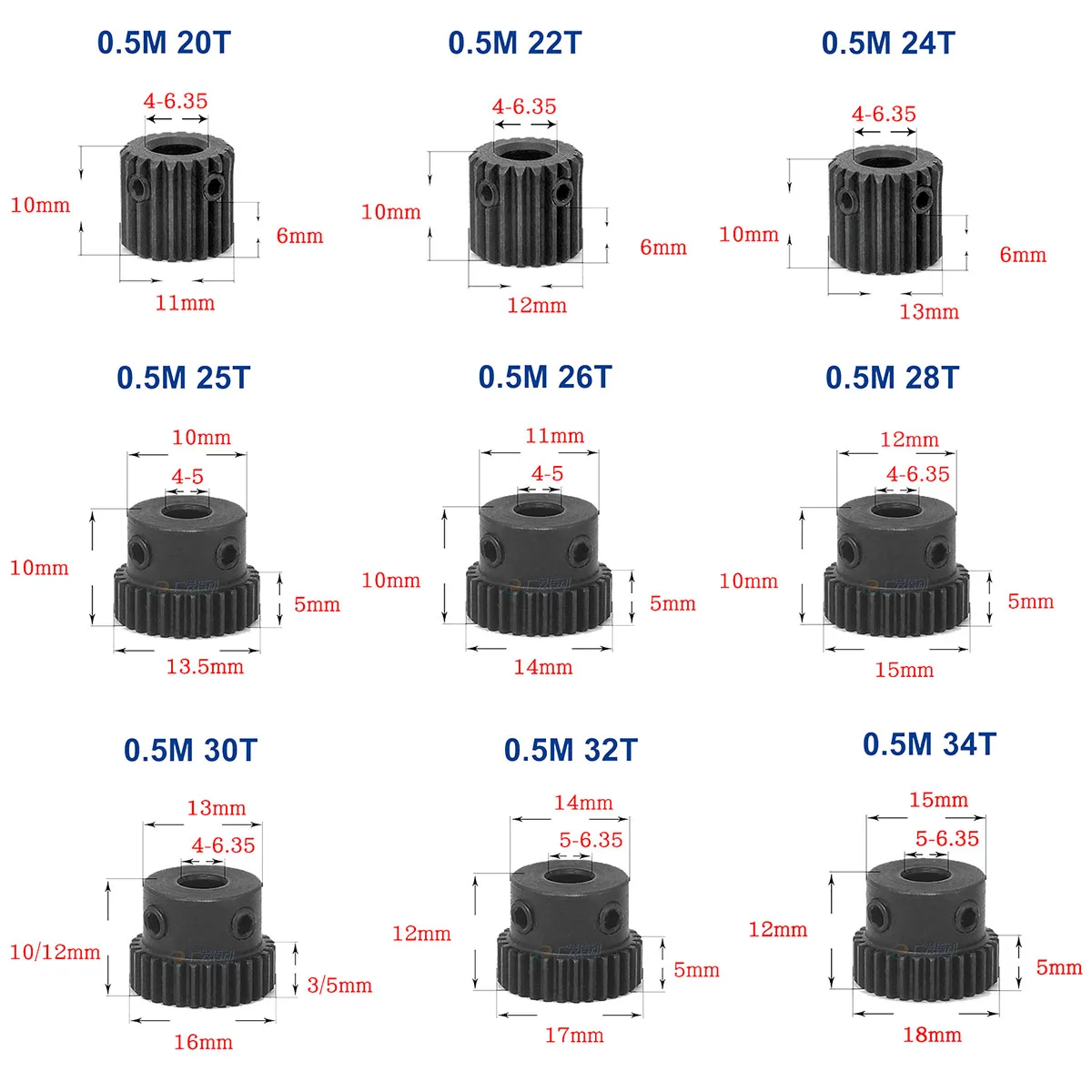 Spur Gear 0.5M 20T - 34T Metal Transmission Gear 45# Steel 0.5 Modulus Pinion Gears Bore 4 5 6 6.35 8mm Surface Blackening