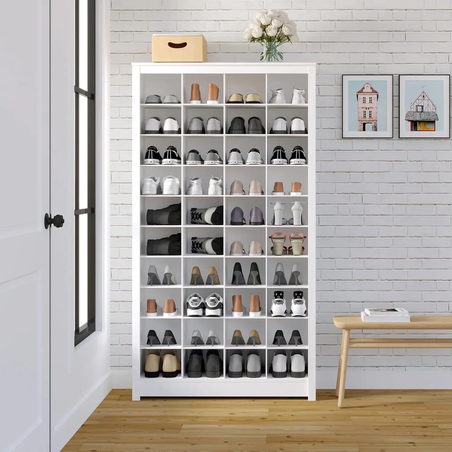 HOME.White Tall Storage Cabinet, Shoe Cabinet, Cube Storage Organizer with 40 Shoe Cubbies 13