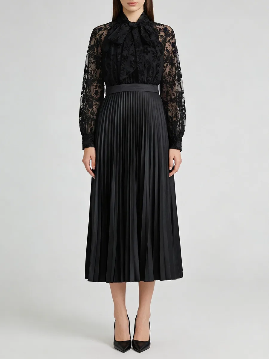 

Black Lace Patchwork Maxi Dress Women Spring Elegant Dress Bow Tie Neck Embroidery Long Sleeve High Waist Pleated Party Vestidos