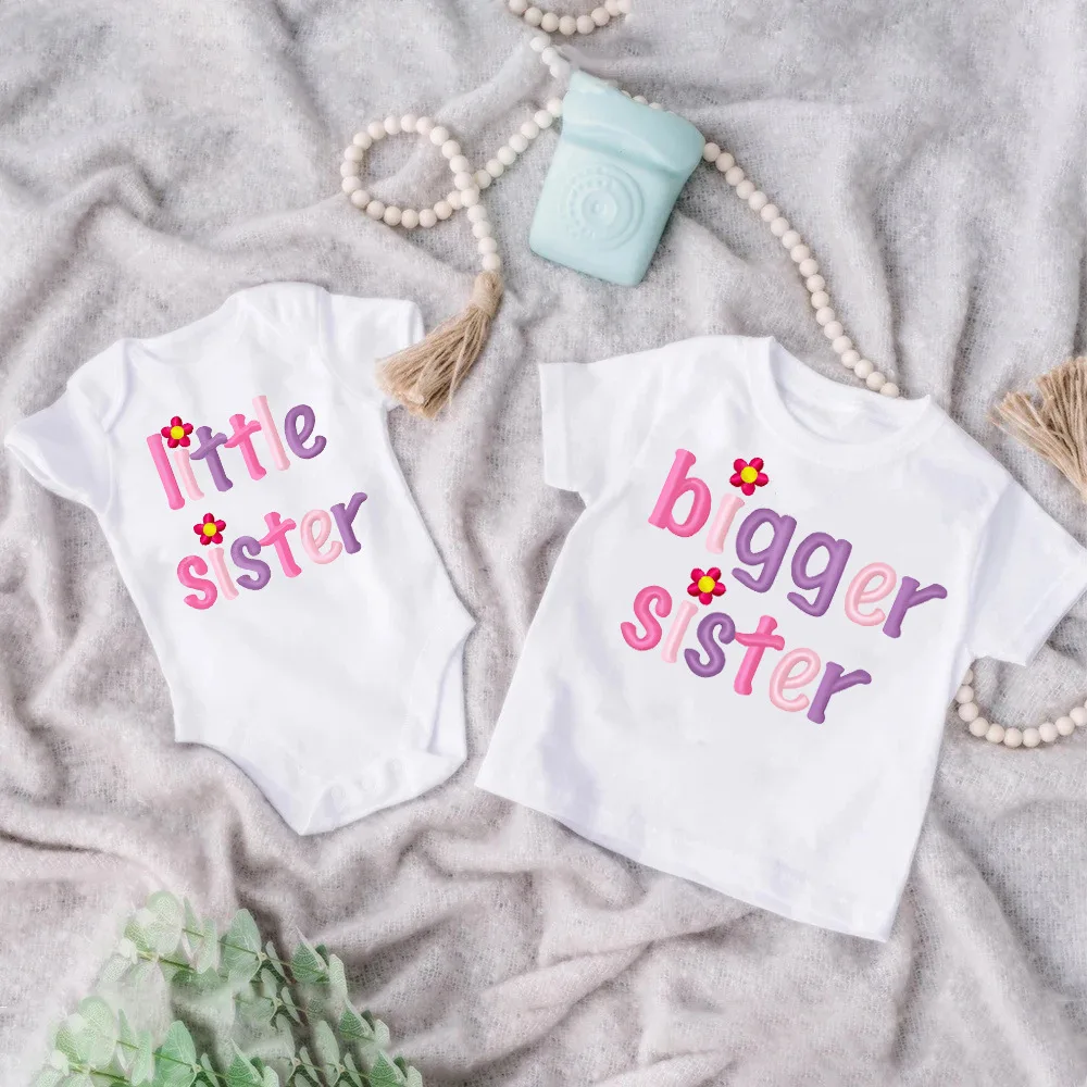 

Big Sister&Little Sister Matching Set Girls Casual Letter Print Family Outfits Kid T-shirt+baby Romper Outfit Best Gift To Kid