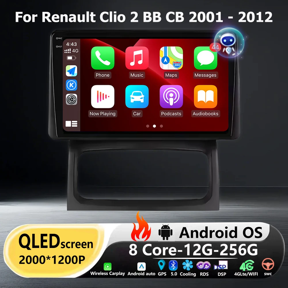 Android 16 Auto For Renault Clio 2 BB CB 2001 - 2012 Car Radio Multimedia Video Player GPS Navigation Carplay BT DSP 360 Camera