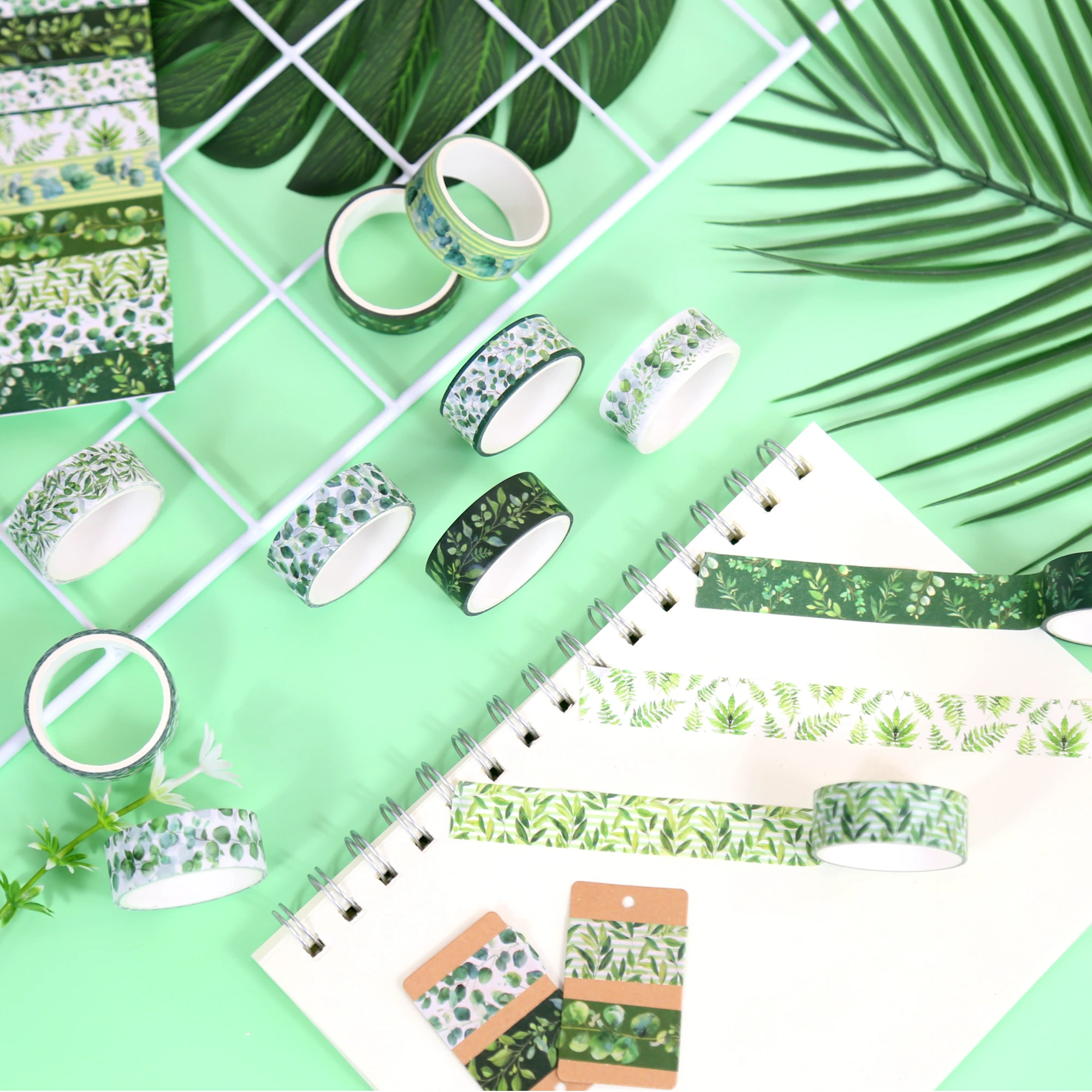 Washi Tape Set, Folhas Verdes, Plantas Da Primavera, Verdura Tropical, Fita Adesiva Para Suprimentos De Jornalismo, 12 Rolos