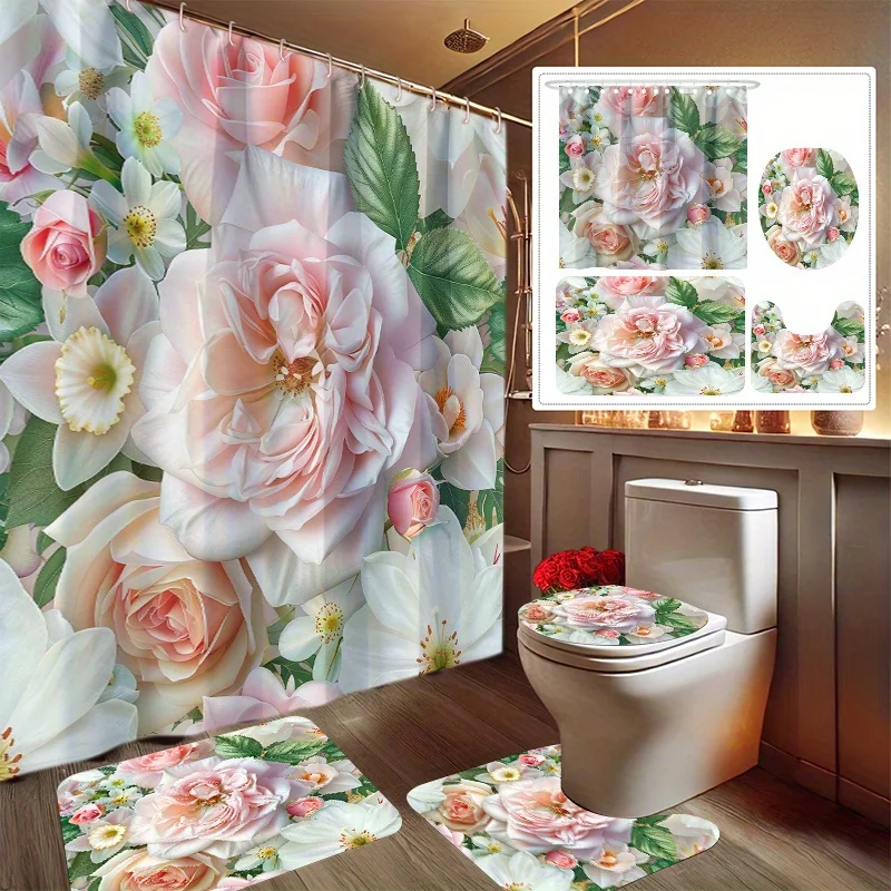 

4 шт., украшение для ванной комнаты с розовым цветком и цифровым принтом, занавеска для душа, противоскользящий коврик, U-образный коврик, коврик для сиденья унитаза
