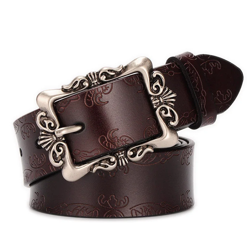 Vintage belt, women's needle buckle embossed belt, cowhide Korean version versatile pants belt