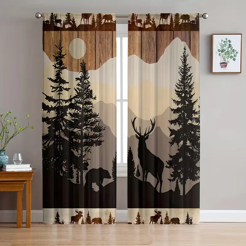 2 Stück Rustikale Waldtier-Vorhänge Vintage Bär Transparente Gardinen zum Aufhängen Wohnzimmer- und Schlafzimmerdekoration, Vorhänge für Wohnzimmer