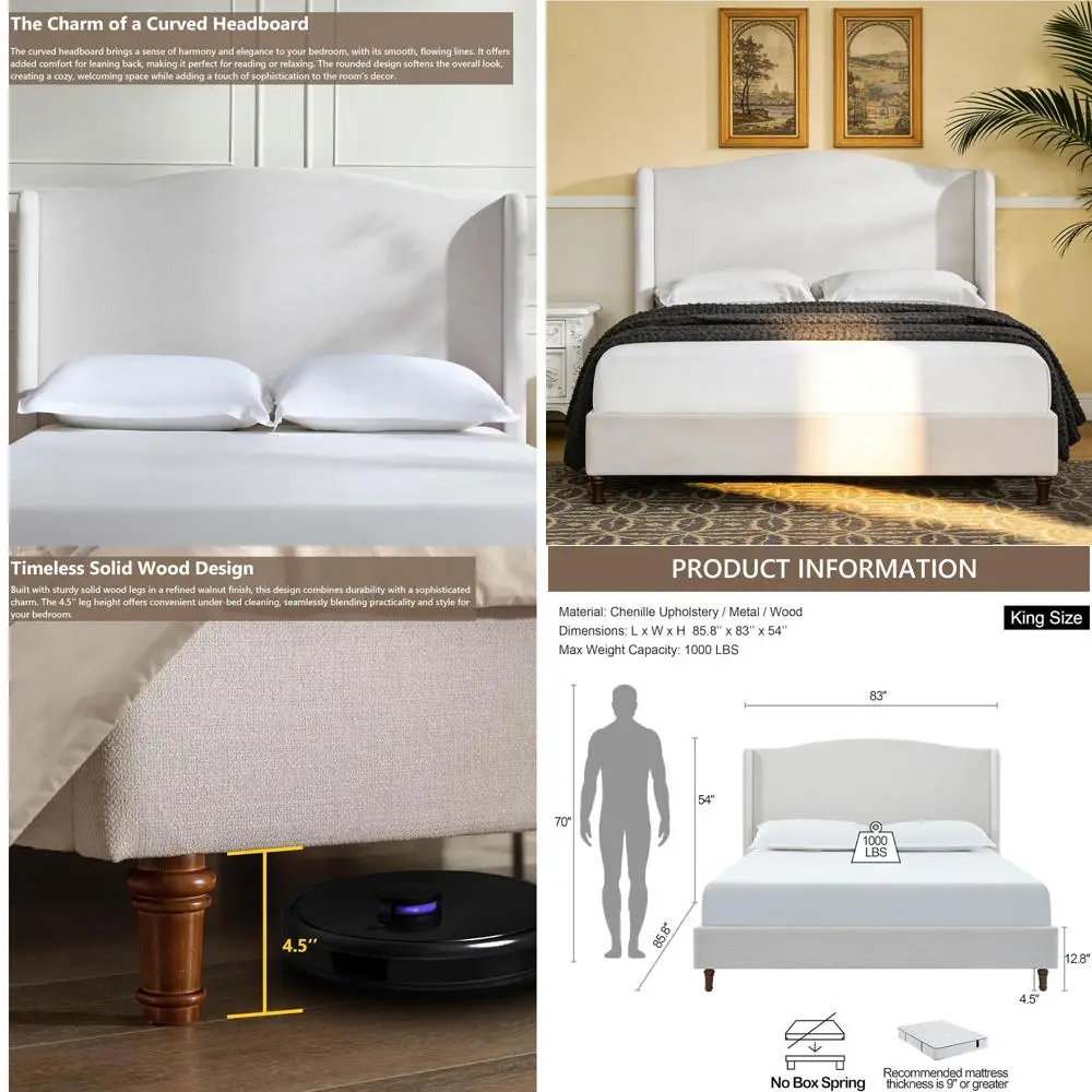 

Luxury Chenille King Bed with 54 Tall Wingback Headboard - Platform Design, 1000lbs Capacity, No Box Spring Needed (Ivory)